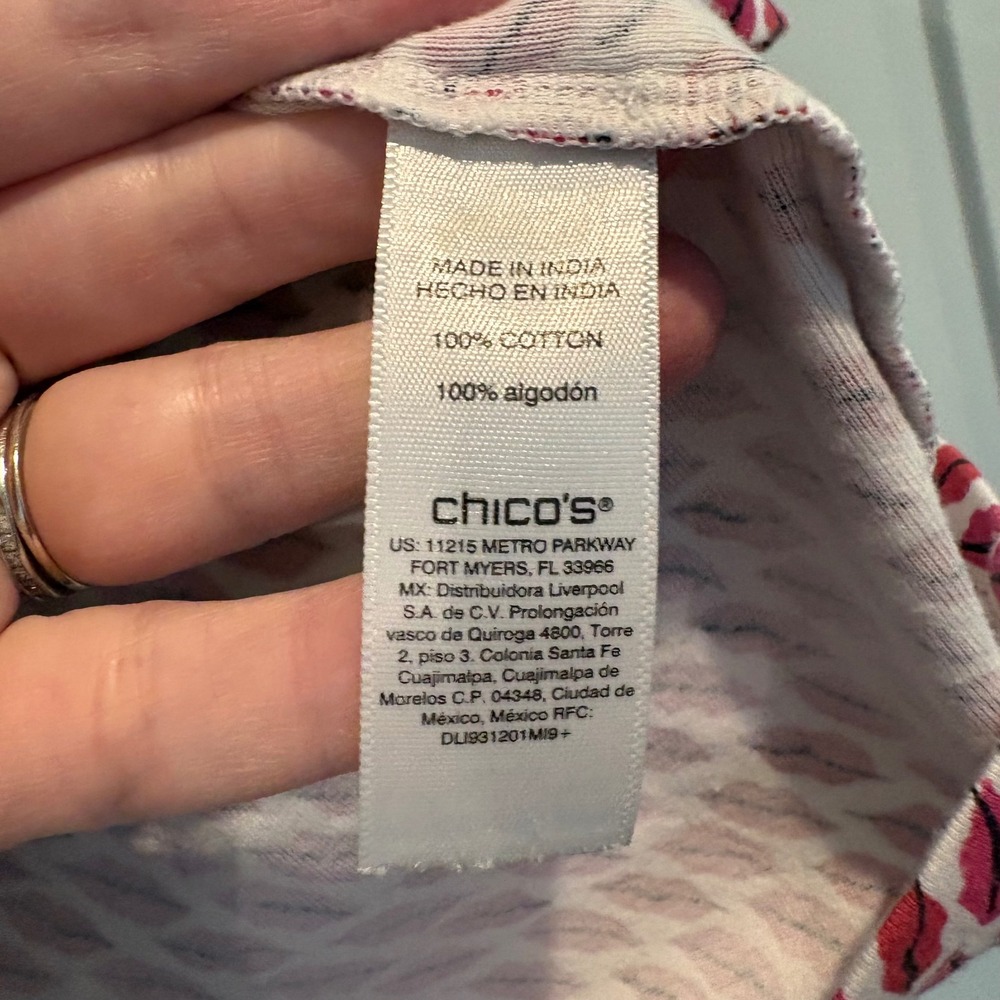Chico's Pink Lipstick Print 100% Cotton 3/4 Sleeve Boatneck Knit Top Large (2) - Picture 9 of 11
